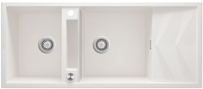 Built-in double bowl granite kitchen sink Magnetic Deante 116 x 50 cm in alabaster white with space-saving telescopic drainage