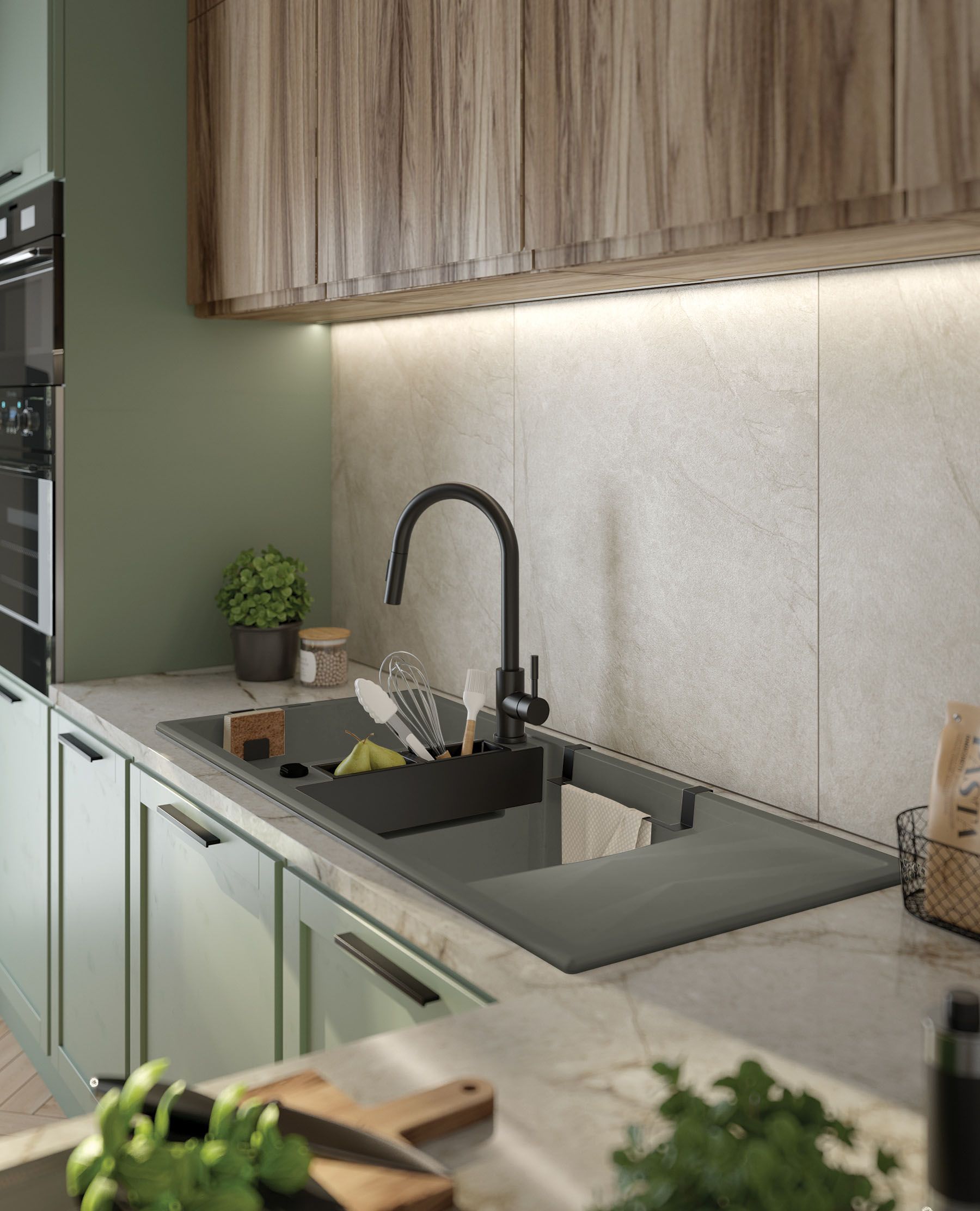 Évier de cuisine encastrable double bac granit Magnétique Deante 116 x 50 cm en anthracite métallisé avec vidage automatique télescopique gain de place - vue 2