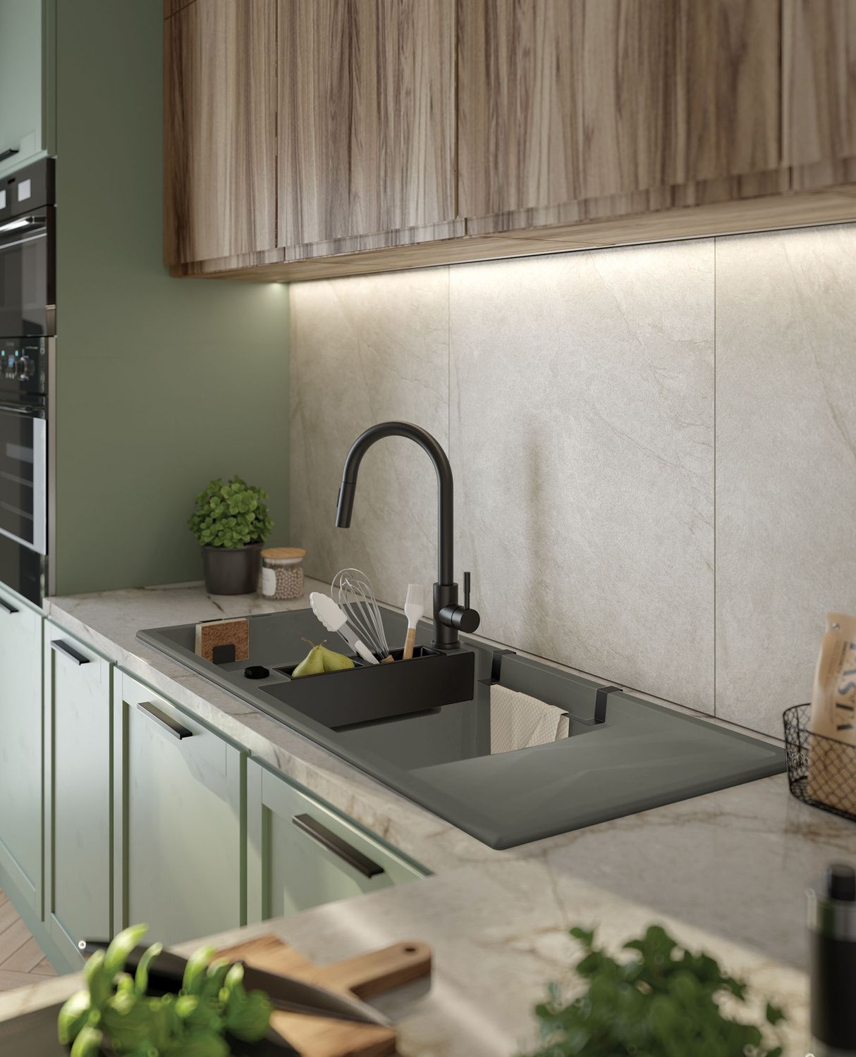 Magnetic Deante Double Bowl Granite Built-In Kitchen Sink 116 x 50 cm in Metallic Anthracite with Space-Saving Telescopic Drainage