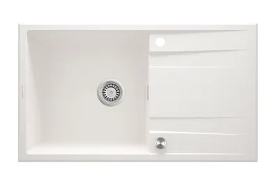 Évier de cuisine Deante Eridan en granit blanc albâtre avec égouttoir et vidange automatique, cuve simple 86x50cm.