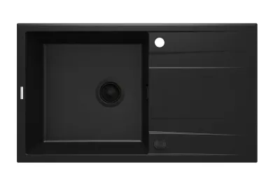 Évier de cuisine Deante Eridan en granit noir 86x50cm avec égouttoir et vidange automatique en noir mat.