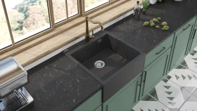Deante Eridan 60 x 61 cm Matte Black Granite Single Bowl Undermount Kitchen Sink with Automatic Drain