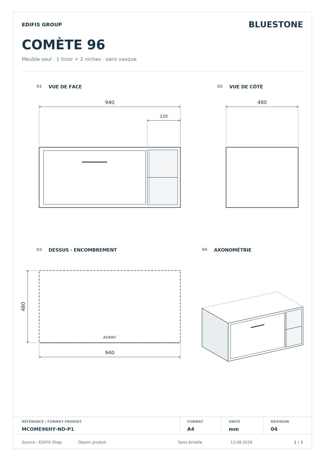 Bathroom vanity unit Comete 96 cm with one drawer and right-hand niches (without basin) — Product view 6