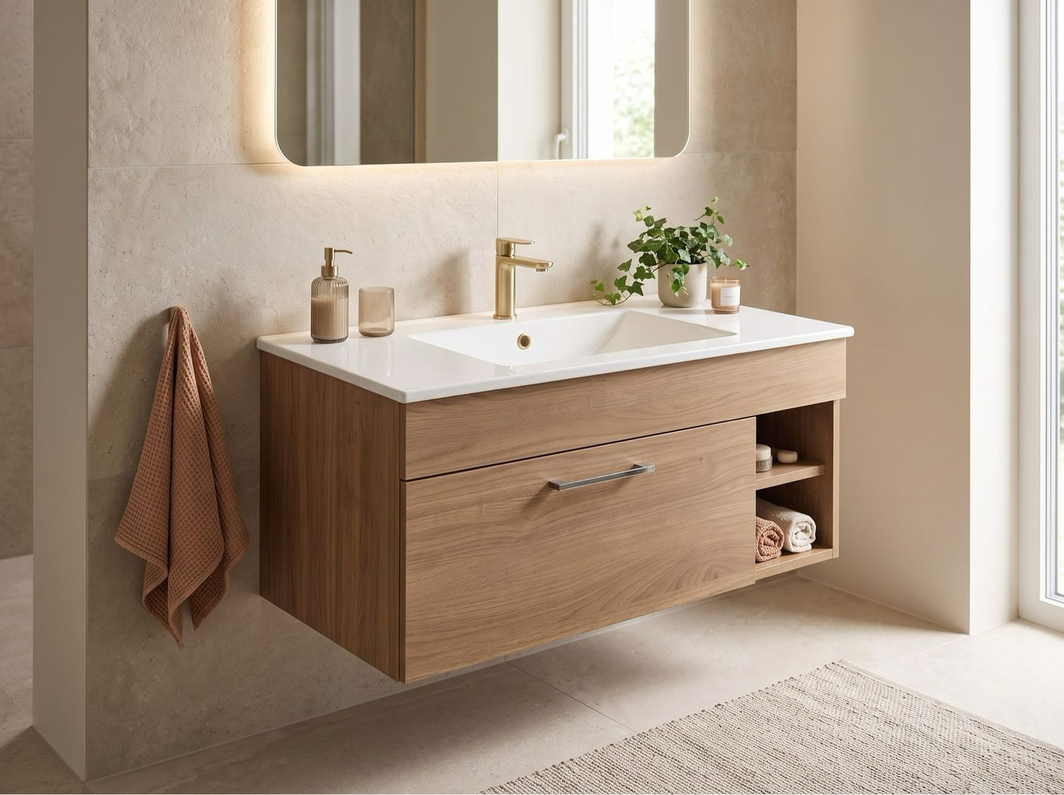 Meuble de salle de bains Comete 96 cm à un tiroir et niches droites (sans vasque) — Vue produit 4
