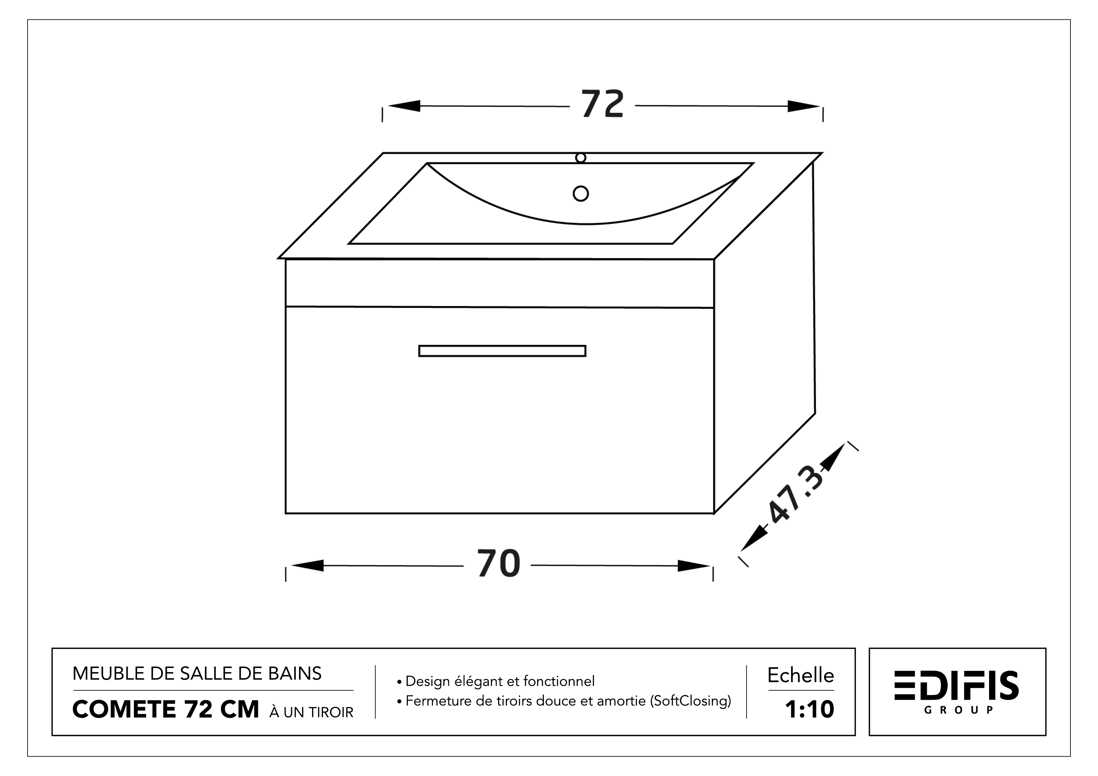 Meuble de salle de bains Comete 72 cm à un tiroir (sans vasque) - vue 5