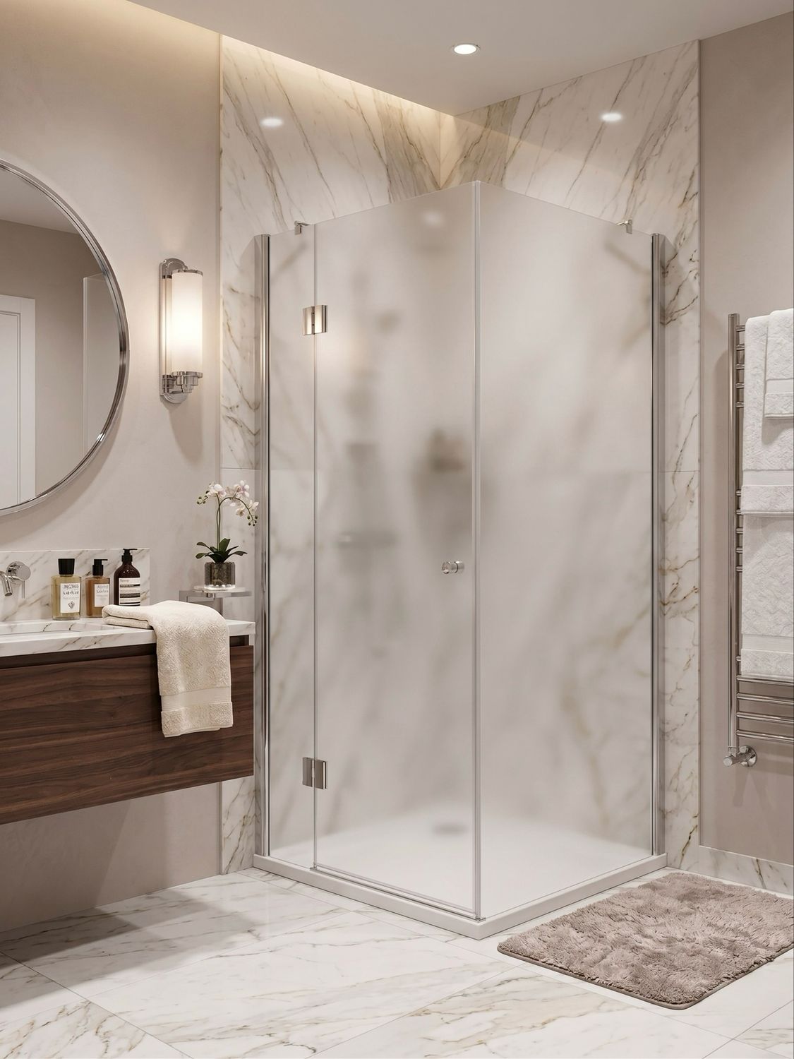 Cabine de douche Innovativ en verre trempé (Securit) sablé et porte pivotante