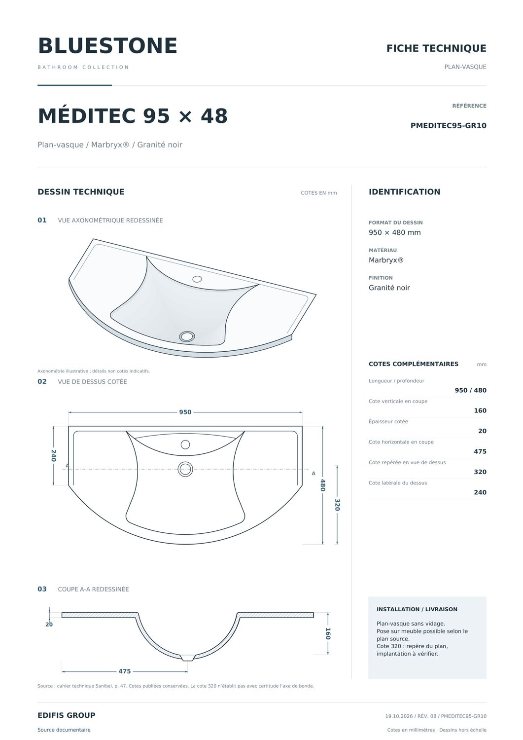 Plan-vasque Meditec 95 cm en granité noir — Vue produit 3