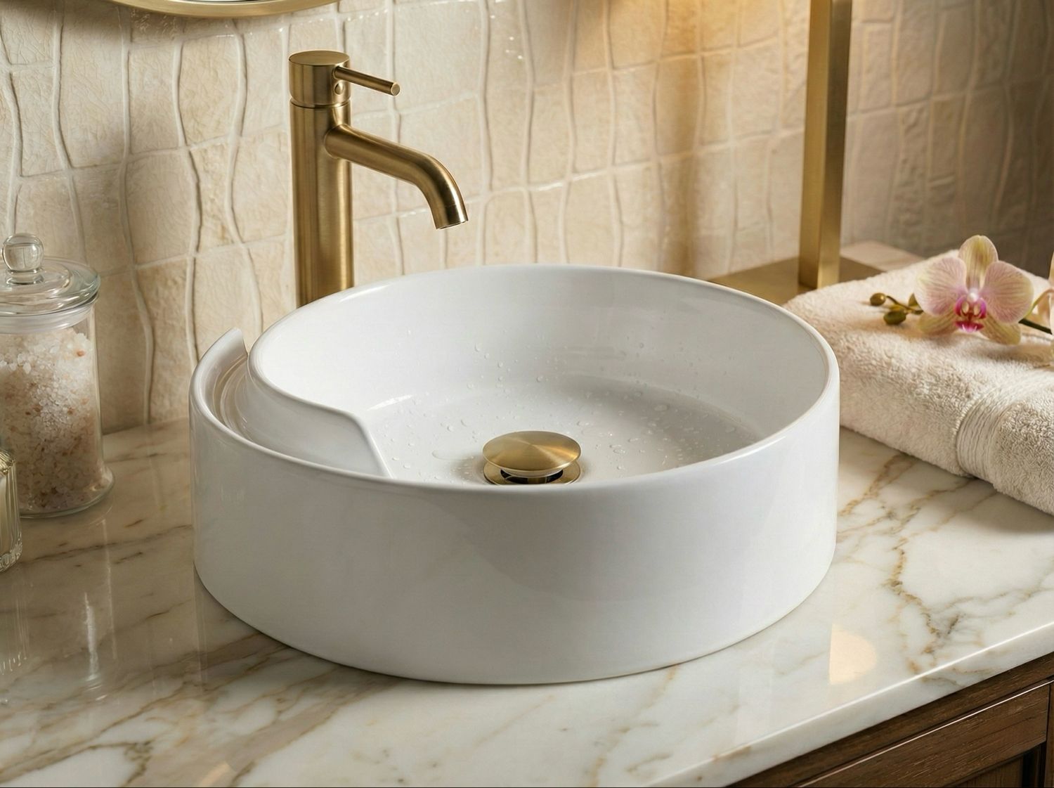 Plan de travail en marbre blanc avec vasque Arobase de 40 cm et robinet doré, accessoires de salle de bain modernes.