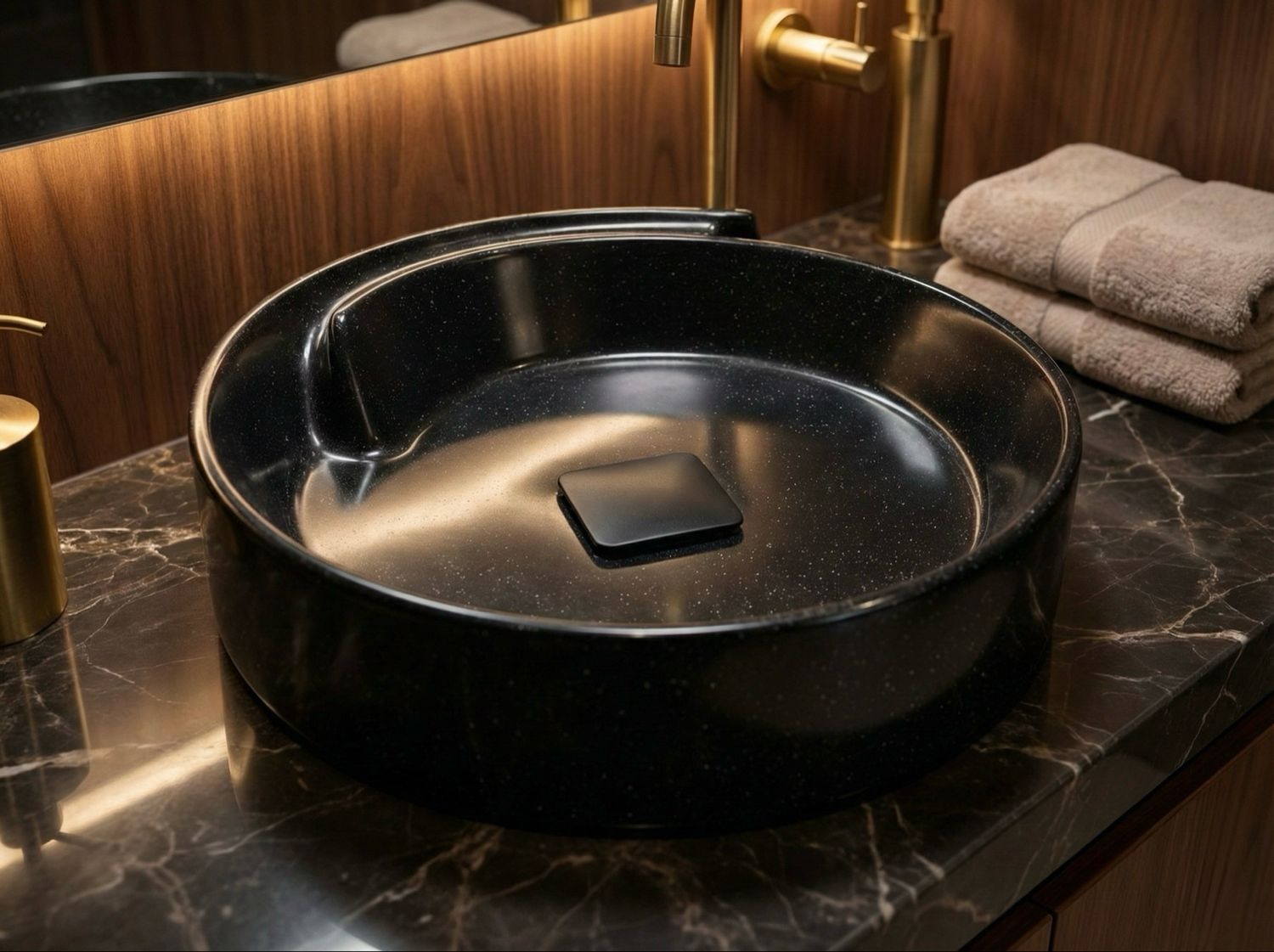Black granite sink, Bol à poser Arobase 40 cm, modern design, marble countertop, gold fixtures.