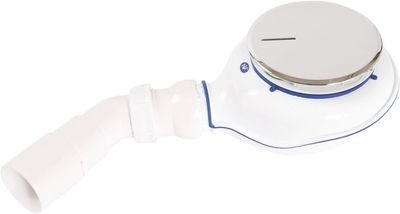 Bonde de douche chromée Deante avec sortie de 90 mm, débit de 43 L/min, design blanc et bleu.