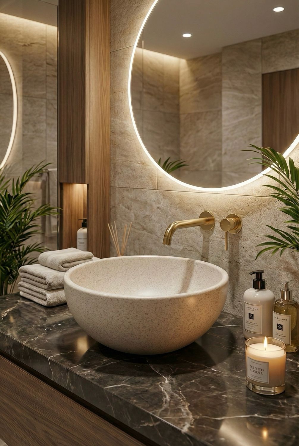 Plan de travail en marbre dans une salle de bains, avec vasque beige, robinet doré et accessoires de décoration modernes exposés.