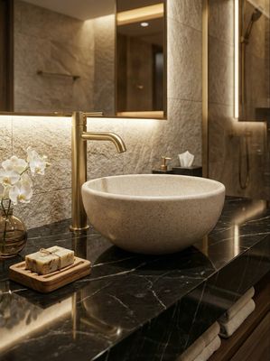Lavabo vasque Marbryx beige, sur un comptoir en marbre noir avec robinetterie dorée, ambiance salle de bains moderne.