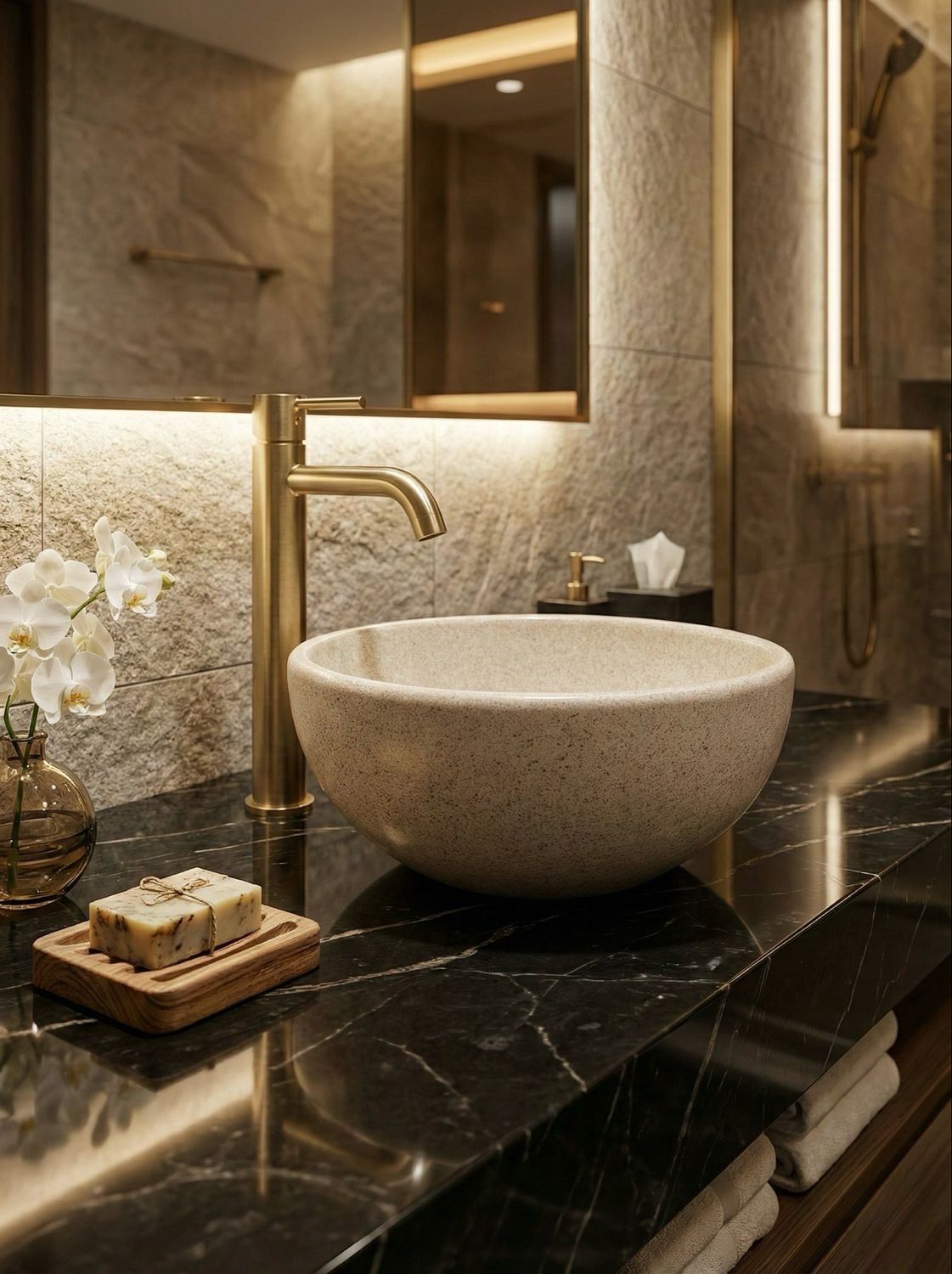 Lavabo vasque Marbryx beige, sur un comptoir en marbre noir avec robinetterie dorée, ambiance salle de bains moderne.