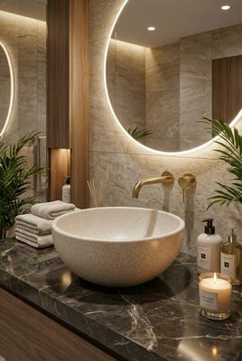 Plan de travail en marbre dans une salle de bains, avec vasque beige, robinet doré et accessoires de décoration modernes exposés.