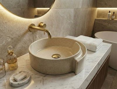 Bol à poser Arobase 40 cm granité corail Vasque en granit corail, 40 cm, design Arobase, matériau Marbryx, couleur beige, lavabo élégant pour salle de bain.
