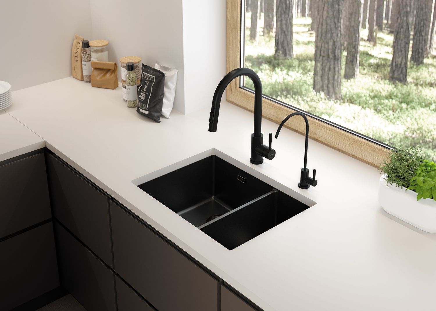 Mitigeur de cuisine Deante Lima avec douchette extractible en noir mat 2 jets