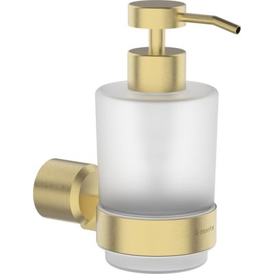 Distributeur de savon liquide Deante Arnika en or brossé et verre dépoli, fixation murale avec fixations invisibles.