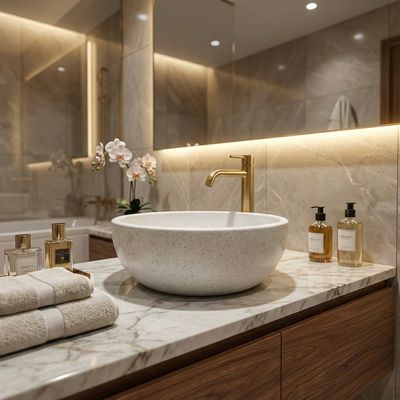 Bol à poser Invités 30 cm en granité blanc Lavabo vasque effet marbre blanc avec robinet doré sur un plan de travail de salle de bain moderne, avec serviettes et articles de toilette.