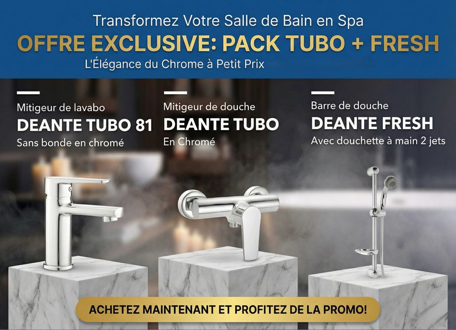 PACK: Basin Mixer, Shower Mixer, and Shower Bar Deante Tubo