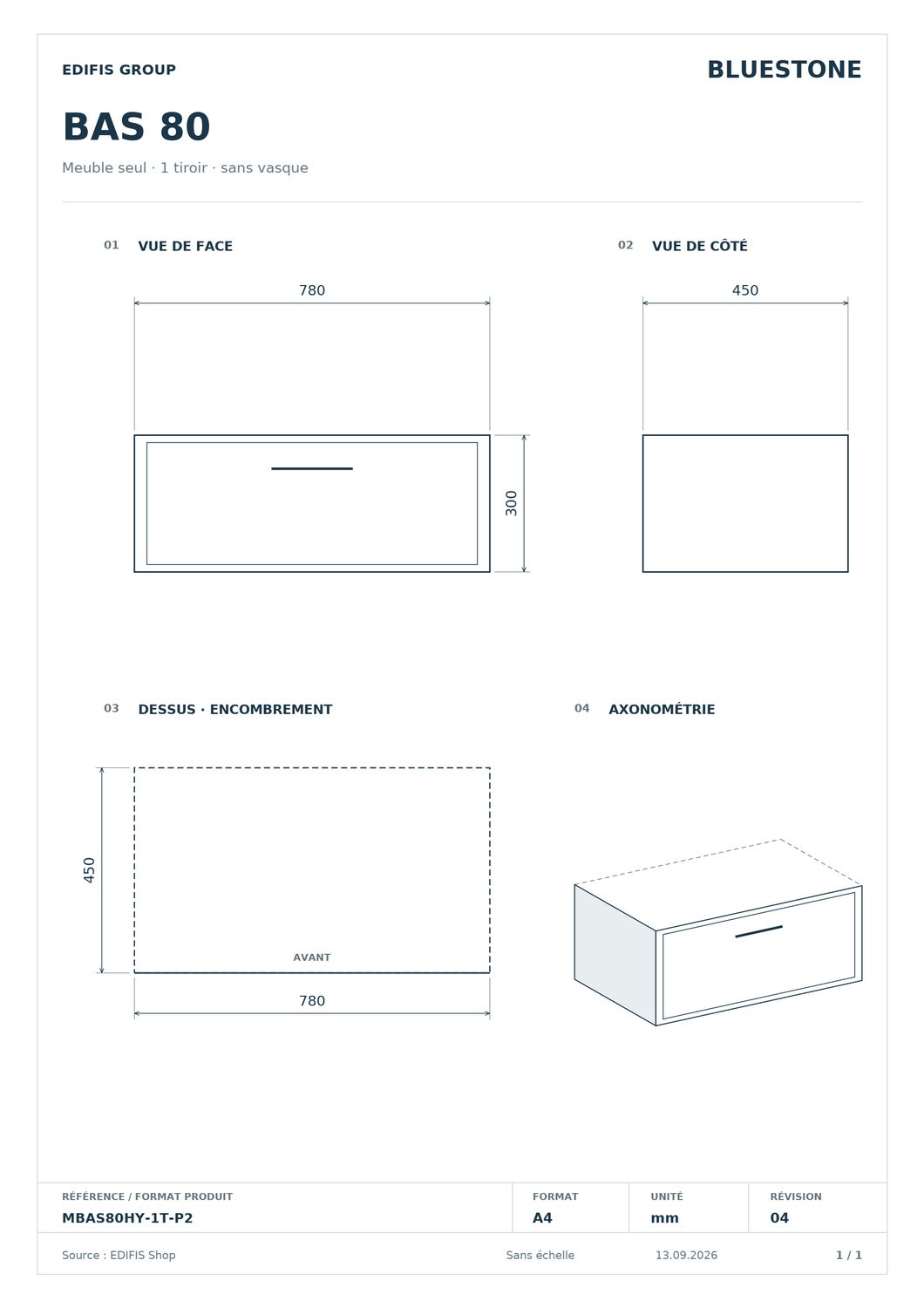 Meuble bas suspendu 80 cm pour salle de bain (sans vasque) — vue 3