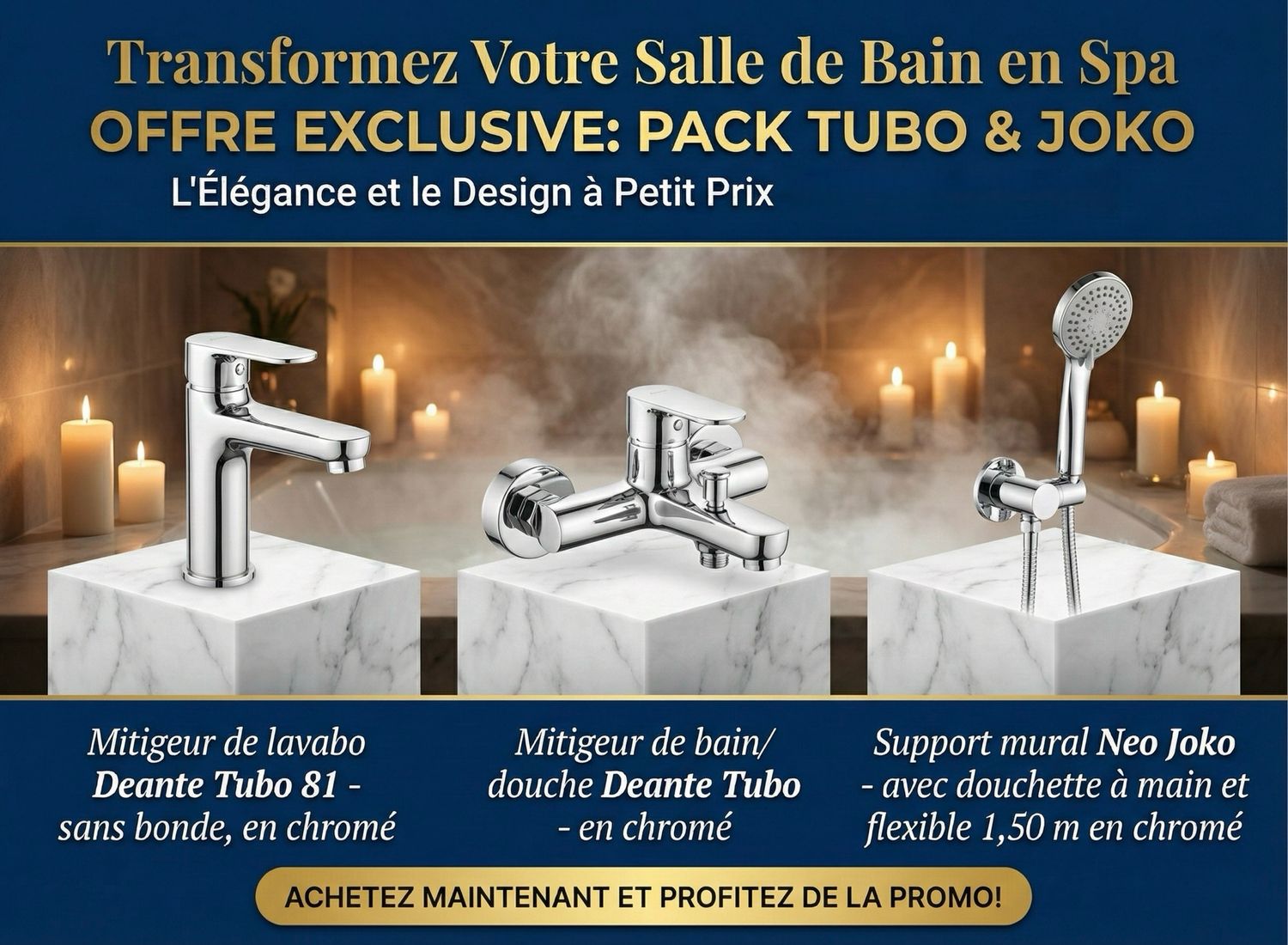 PACK : mitigeur de lavabo Tubo, mitigeur de bain / douche et douchette à main avec support et flexible Neo Joko