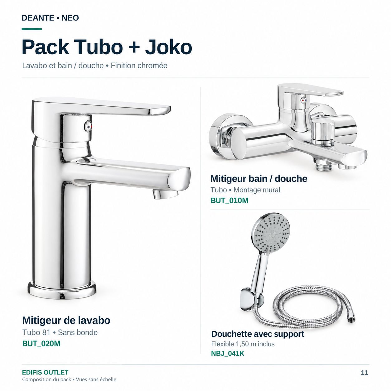 PACK 47: mitigeur de lavabo Deante Tubo, mitigeur de bain / douche et douchette à main avec support et flexible Neo Joko