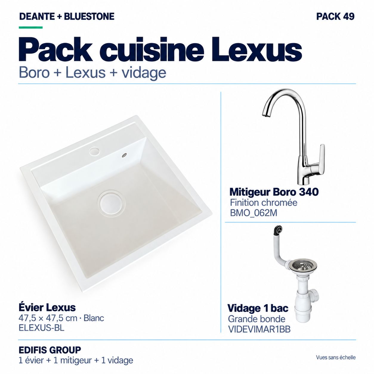 PACK: Deante Boro kitchen mixer, Lexus kitchen sink, and drainage system