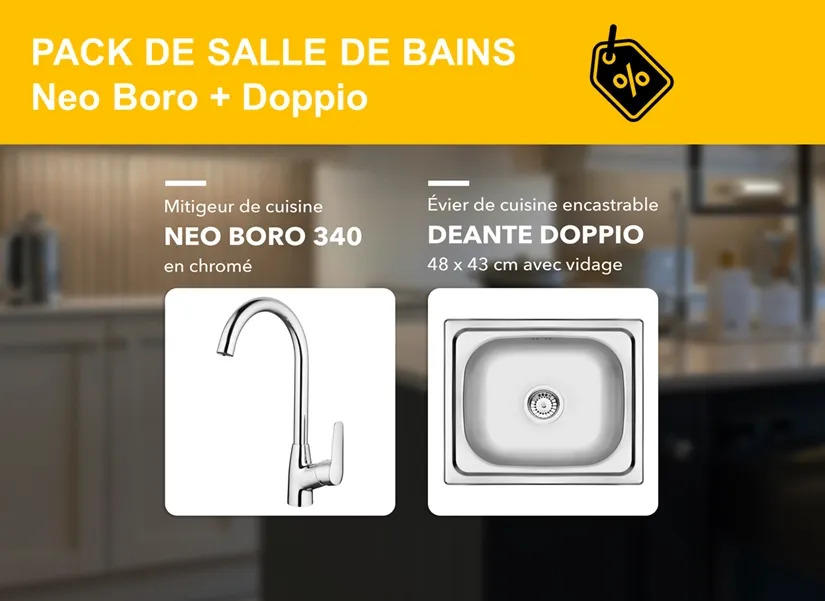PACK : mitigeur de cuisine Deante Boro, évier de cuisine encastrable simple bac Deante Doppio 48 x 43 cm en acier inoxydable avec vidage