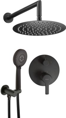 Ensemble de douche encastré Deante Arnika 250 en noir mat Ensemble de douche Deante Arnika 250 noir mat avec pommeau rond, douchette à main et commandes murales.