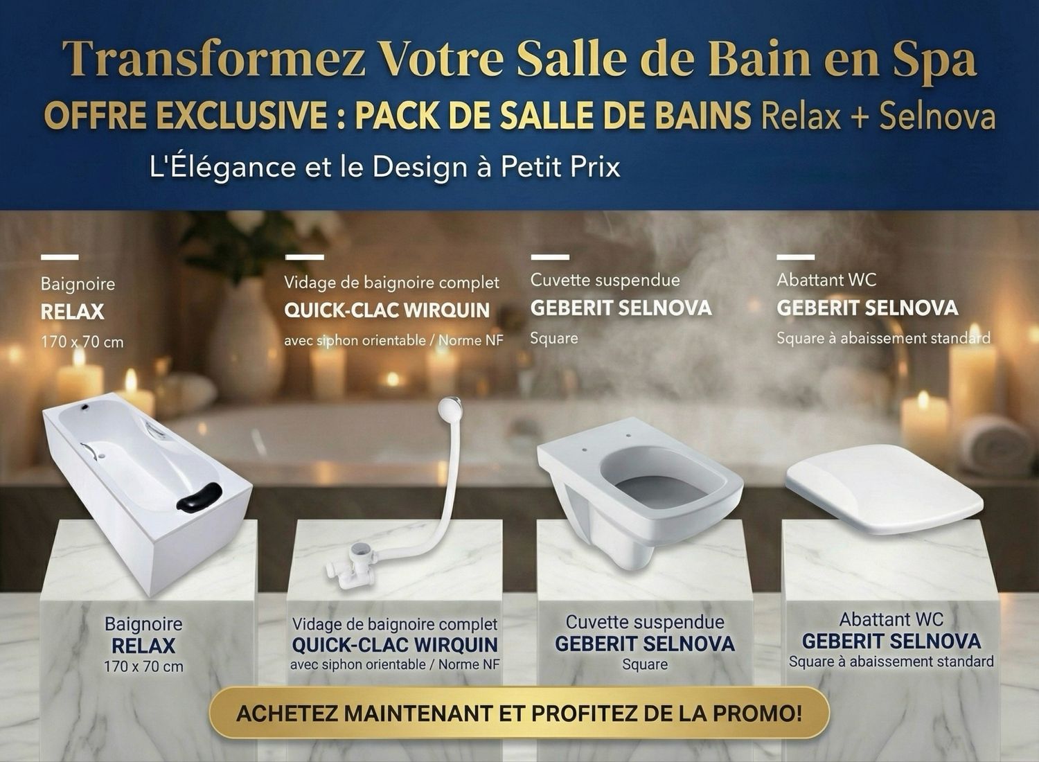 PACK: Relax Bathtub 170 x 70 cm with Wirquin Quick-clac Drain, Geberit Selnova Wall-Hung Toilet with Standard Seat