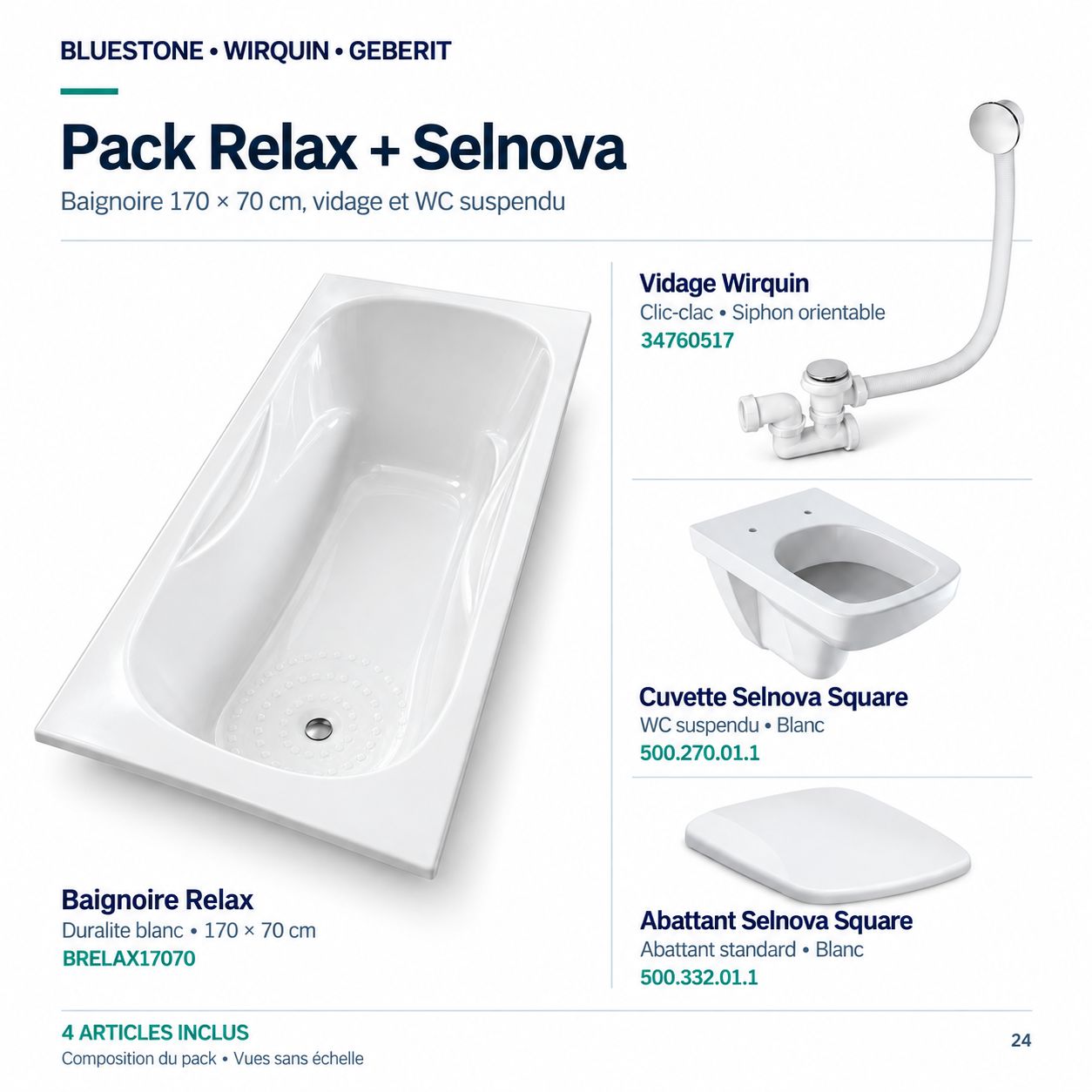 PACK: Relax Bathtub 170 x 70 cm with Wirquin Quick-clac Drain, Geberit Selnova Wall-Hung Toilet with Standard Seat