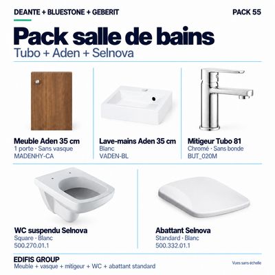 PACK 55 : mitigeur de lavabo Tubo 81, meuble et vasque Aden et cuvette suspendue Selnova avec abattant standard