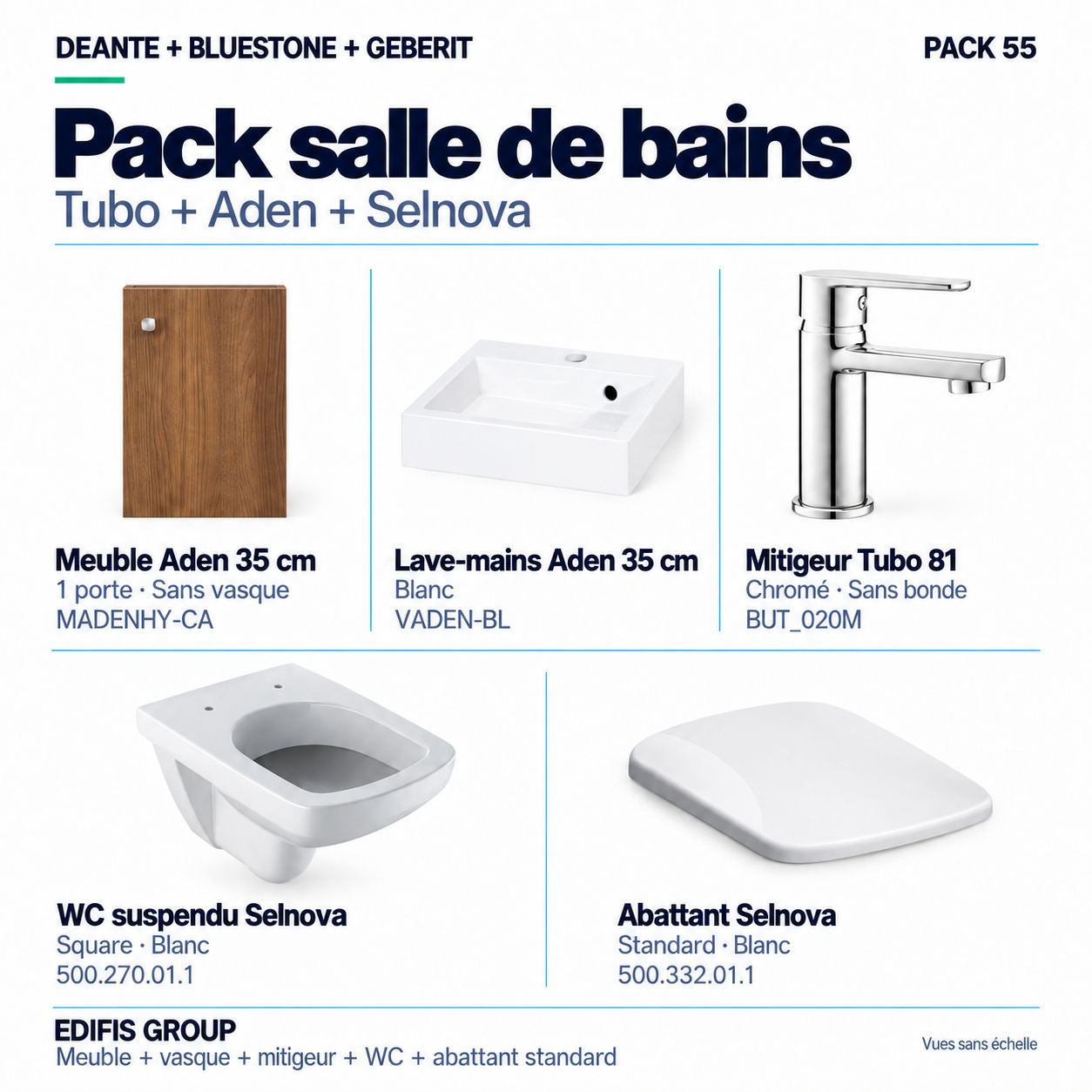 PACK: Tubo 81 basin mixer, Aden cabinet and sink, and Selnova wall-hung toilet with standard seat