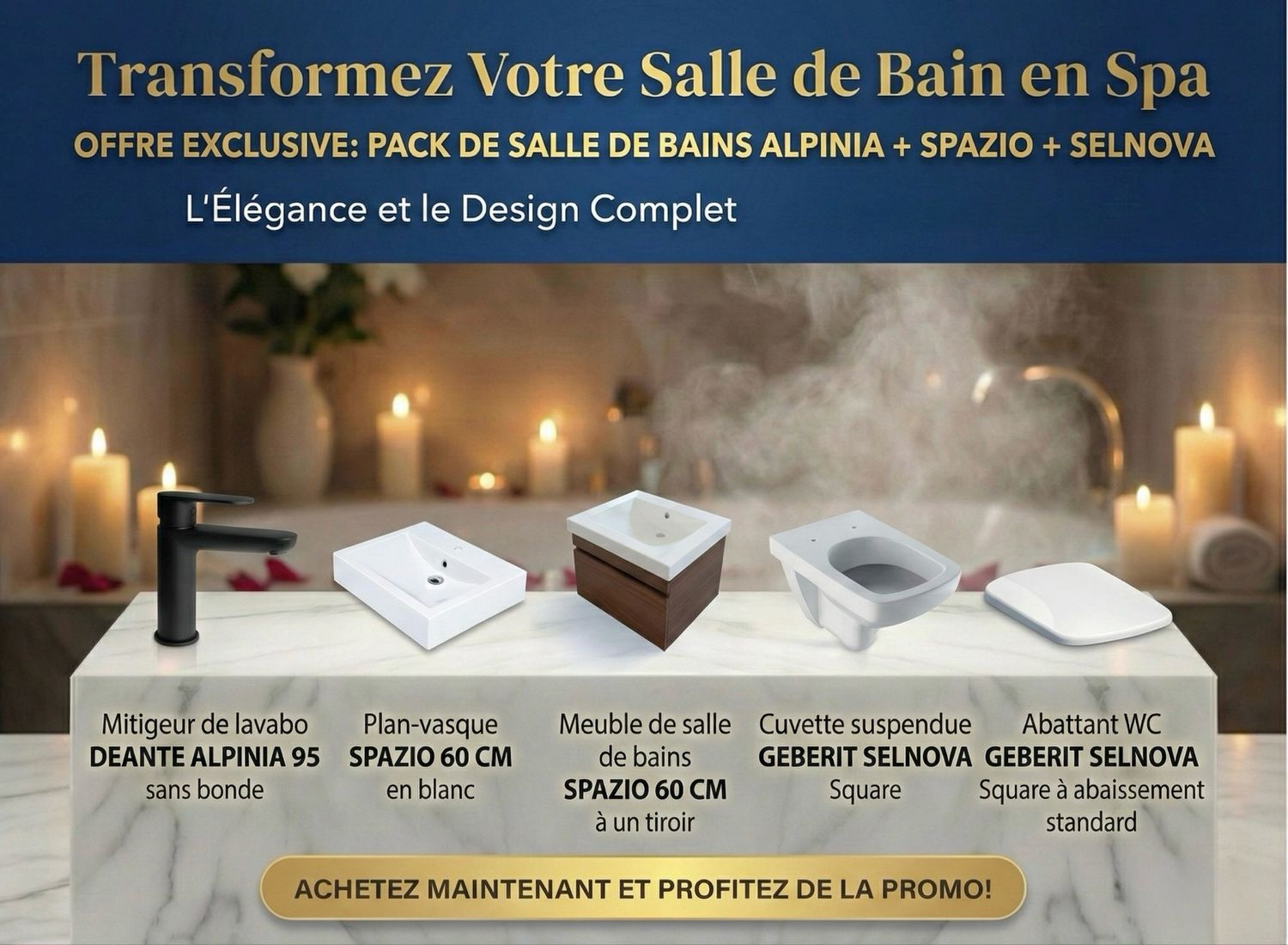 PACK: Alpinia 95 matte black basin mixer, Spazio 60 bathroom furniture pack, and Selnova wall-hung toilet with standard seat