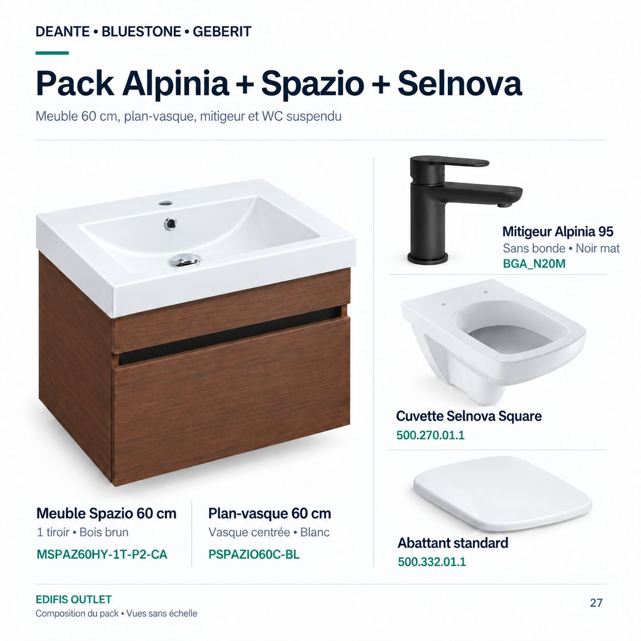 PACK: Alpinia 95 matte black basin mixer, Spazio 60 bathroom furniture pack, and Selnova wall-hung toilet with standard seat