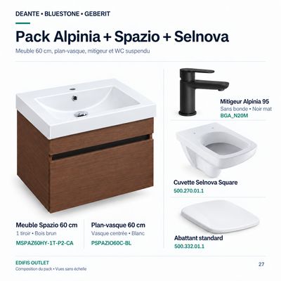 PACK 45: mitigeur de lavabo Alpinia 95 noir mat, pack meuble de salle de bain Spazio 60 et cuvette suspendue Selnova avec abattant standard