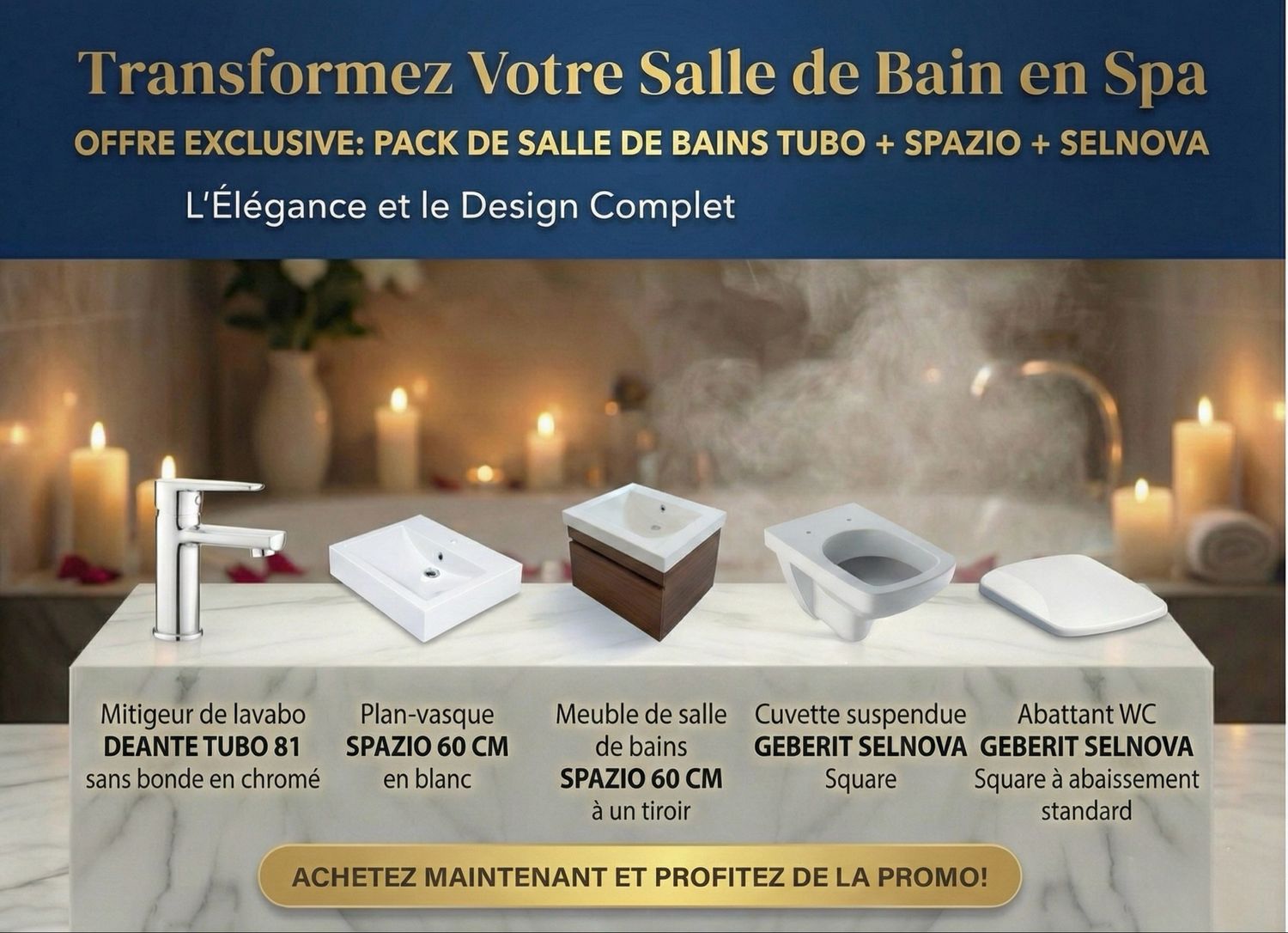 PACK: Tubo 81 basin mixer, Spazio 60 bathroom furniture pack, and Selnova wall-hung toilet with standard seat