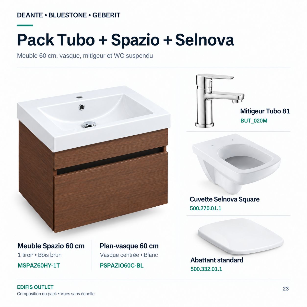 PACK: Tubo 81 basin mixer, Spazio 60 bathroom furniture pack, and Selnova wall-hung toilet with standard seat