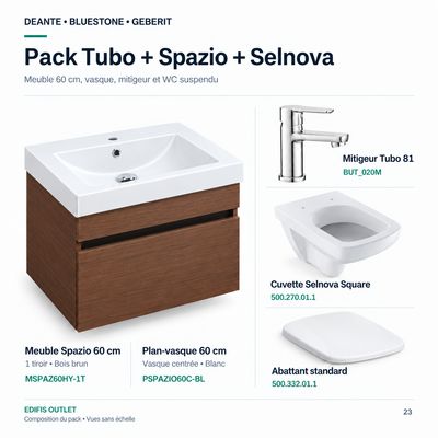 PACK 34: mitigeur de lavabo Tubo 81, pack meuble de salle de bain Spazio 60 et cuvette suspendue Selnova avec abattant standard