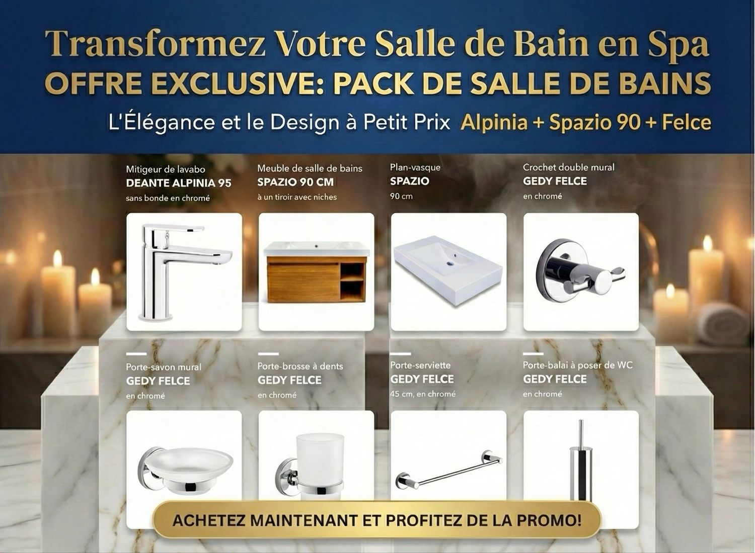 PACK : mitigeur de lavabo Deante Alpinia 95 sans bonde en chromé, meuble de salle de bains Spazio 90 cm hydrofuge à un tiroir avec niches et série Felce chromé