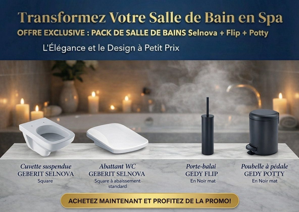 PACK : cuvette suspendue Selnova avec abattant standard, Porte-balai à poser de WC Flip et Poubelle à pédale Potty - vue 2