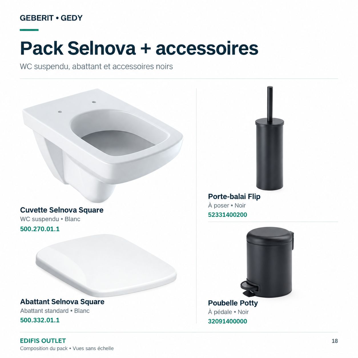 PACK: Selnova wall-hung toilet bowl with standard seat, Eros toilet roll holder, Flip freestanding toilet brush holder, and Potty pedal bin