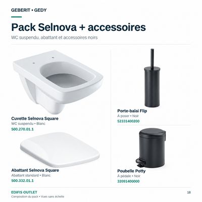 PACK 17: cuvette suspendue Selnova avec abattant standard, Porte-balai à poser de WC Flip et Poubelle à pédale Potty