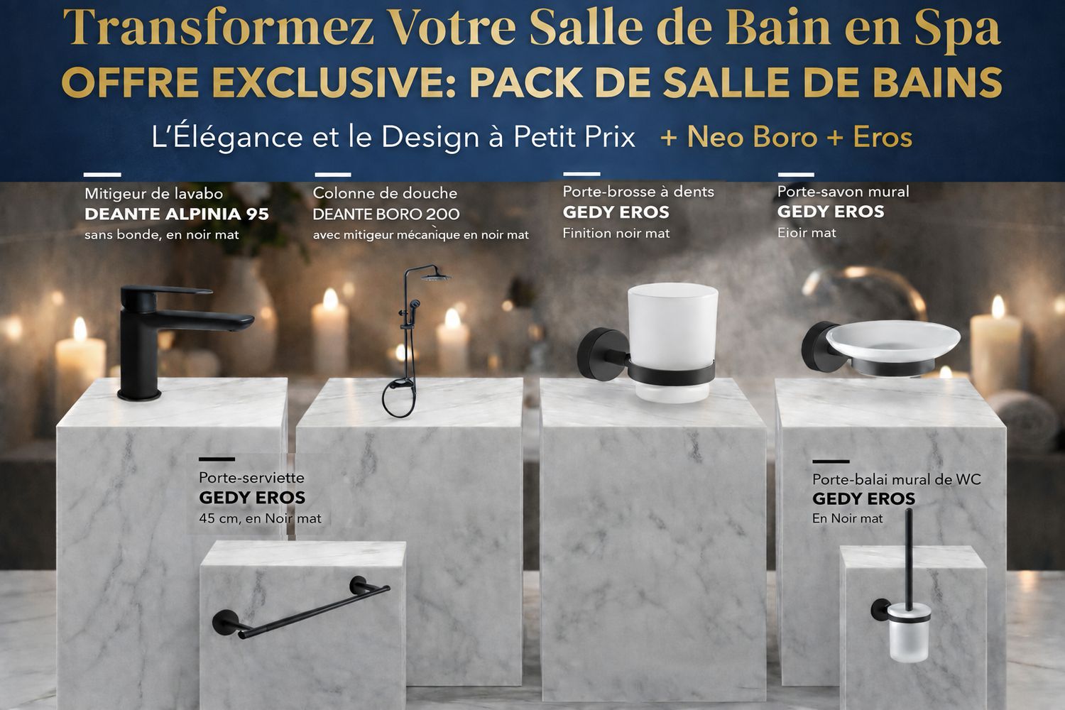 PACK: Deante Alpinia 95 basin mixer without waste in matte black, Deante Boro 200 shower column with mechanical mixer in matte black, and Eros matte black series
