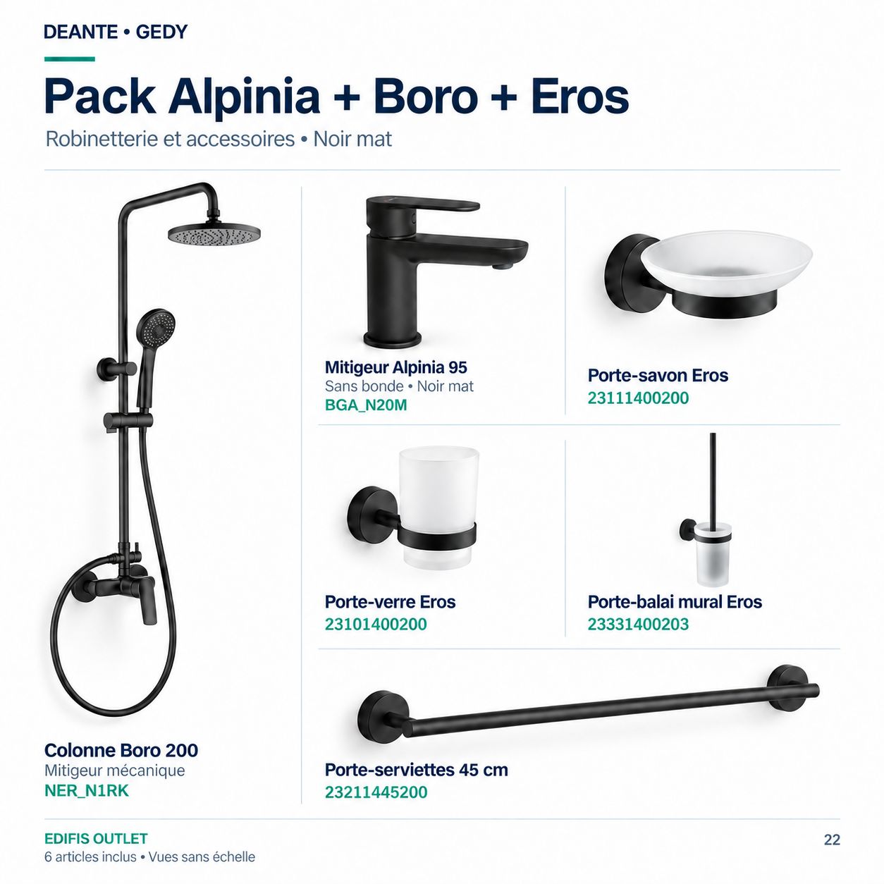 PACK: Deante Alpinia 95 basin mixer without waste in matte black, Deante Boro 200 shower column with mechanical mixer in matte black, and Eros matte black series
