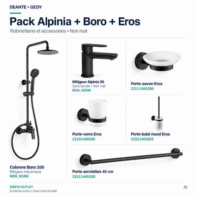 PACK 32: mitigeur de lavabo Deante Alpinia 95 sans bonde en noir mat, colonne de douche Deante Boro 200 avec mitigeur mécanique en noir mat et série Eros noir mat