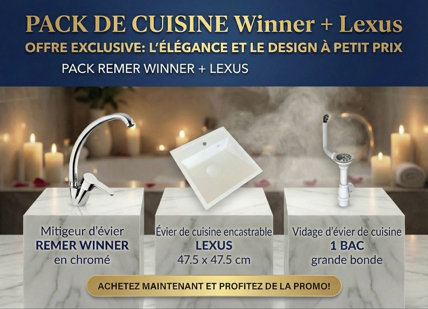 PACK: Remer kitchen mixer, Lexus kitchen sink, and waste system