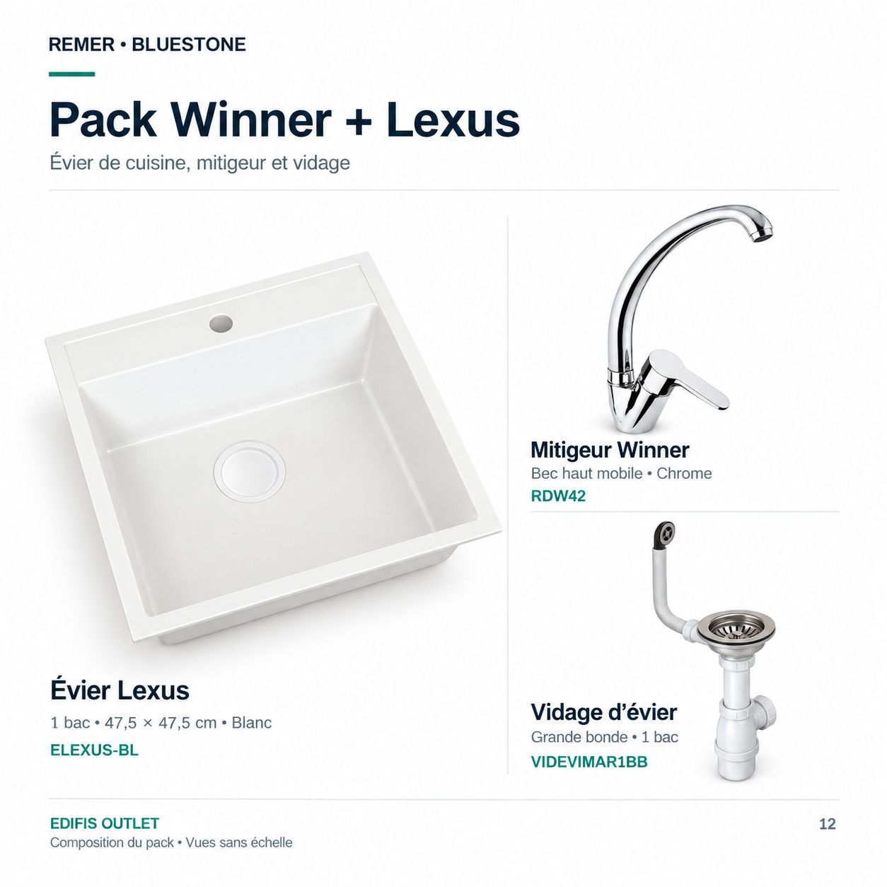 PACK: Remer kitchen mixer, Lexus kitchen sink, and waste system
