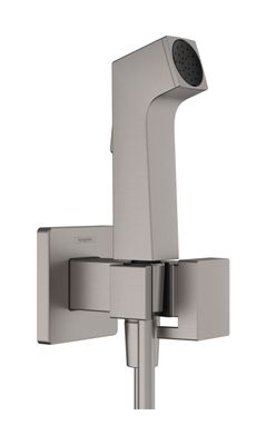 Douchette hygiénique pour WC Hansgrohe E en noir chromé brossé pour eau froide avec support et flexible