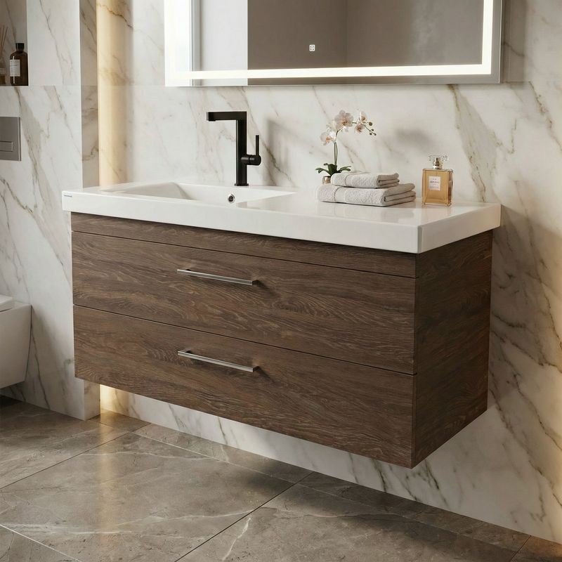Meuble de salle de bains Spazio 120 cm decentré à deux tiroirs (sans vasque)